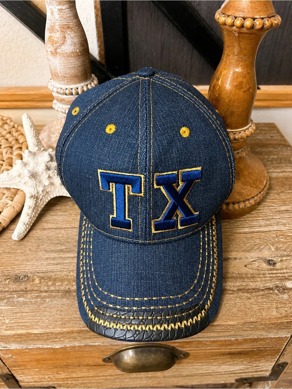 Denim “TX” Baseball Cap | Adjustable | Dark Wash with Gold Stitching unisex